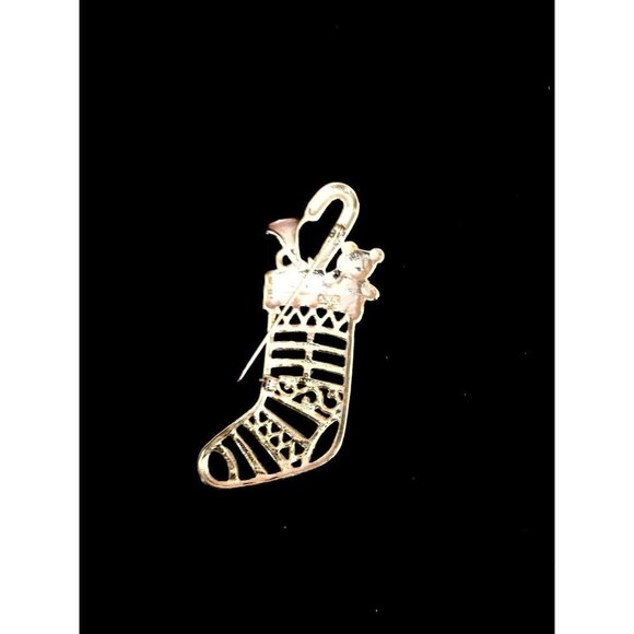 Vintage Signed JJ Goldtone Rhinestone Openwork Large Christmas Stocking Brooch - Picture 3 of 6